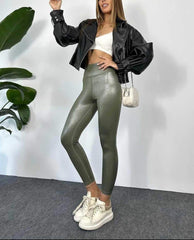 High-Waisted Metallic Olive Jeggings
