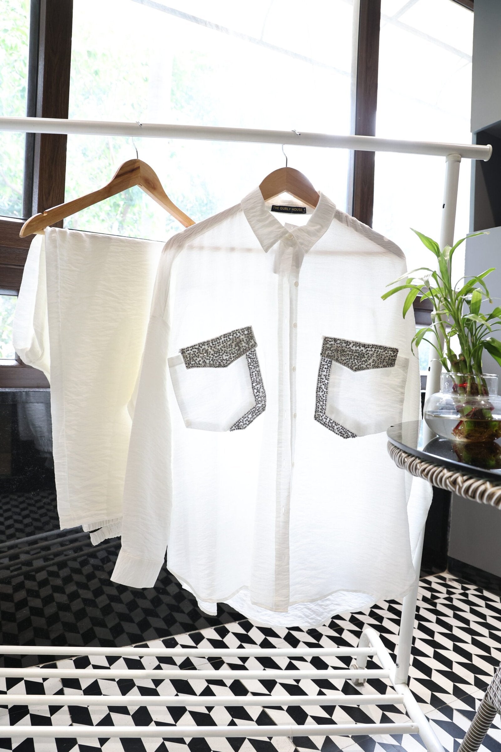 White Co-ord set with silver pocket embroidery For Women