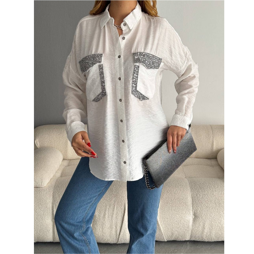 White Co-ord set with silver pocket embroidery For Women