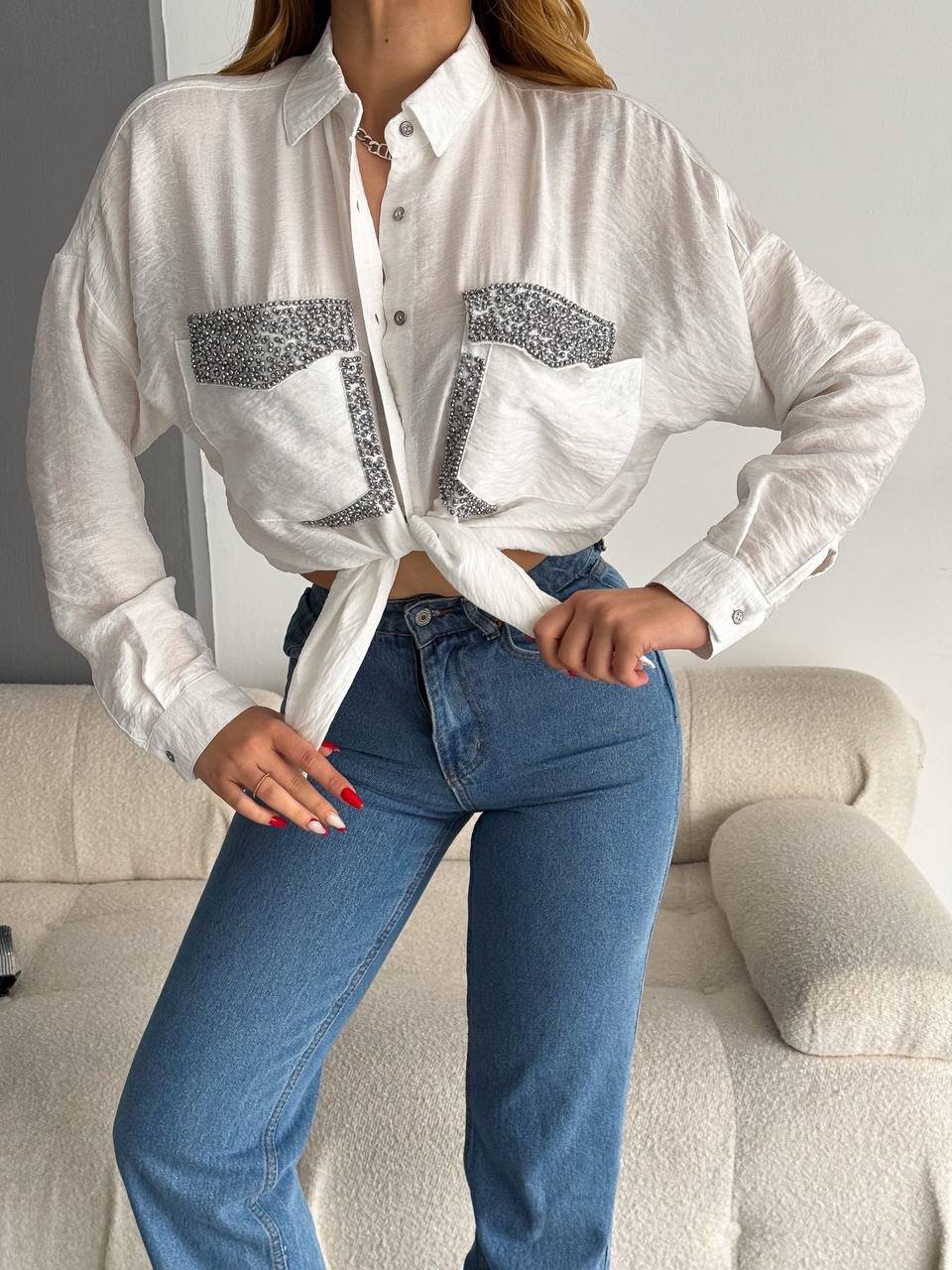 White Co-ord set with silver pocket embroidery For Women