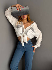 White Co-ord set with silver pocket embroidery For Women