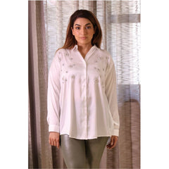 Women’s  White Satin Embellishment  Shirt – Stylish & Comfortable Casual Wear