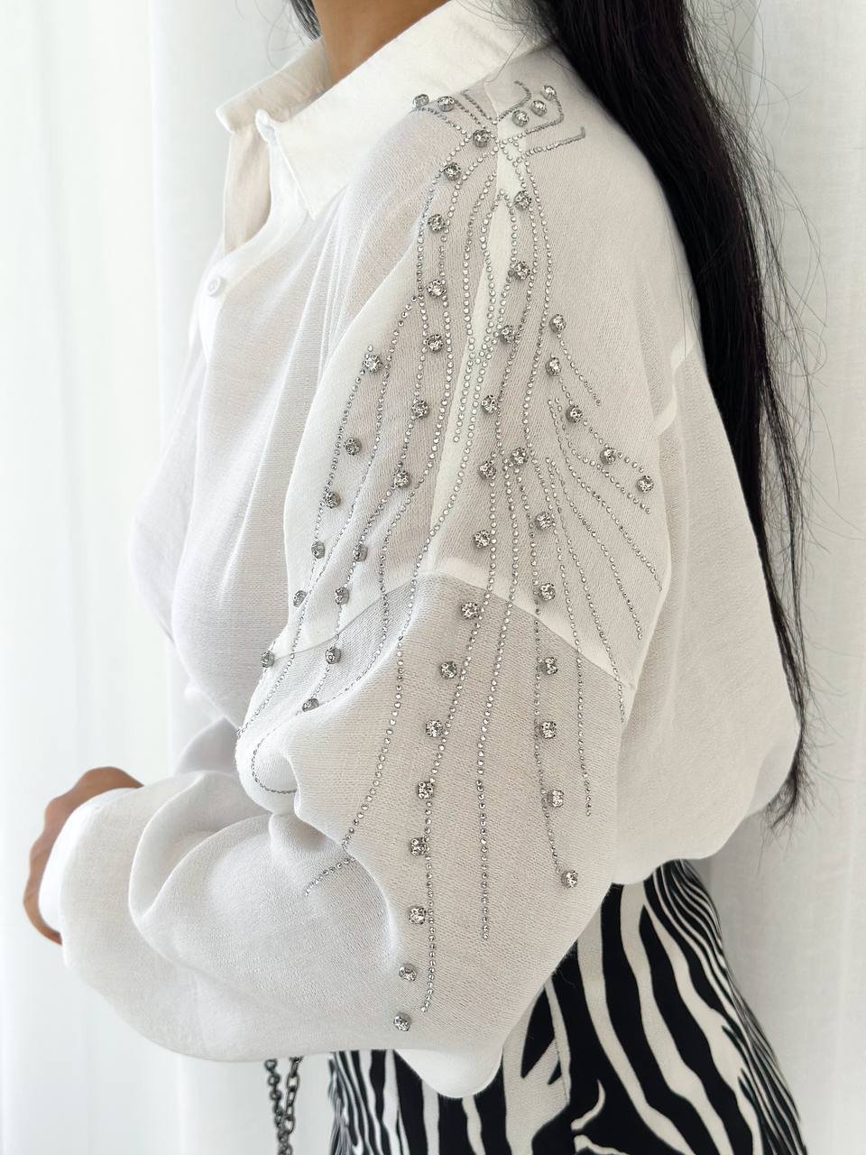 White Cotton Shirt with Rhinestone Shoulder Design for Women