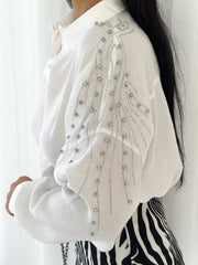White Cotton Shirt with Rhinestone Shoulder Design for Women