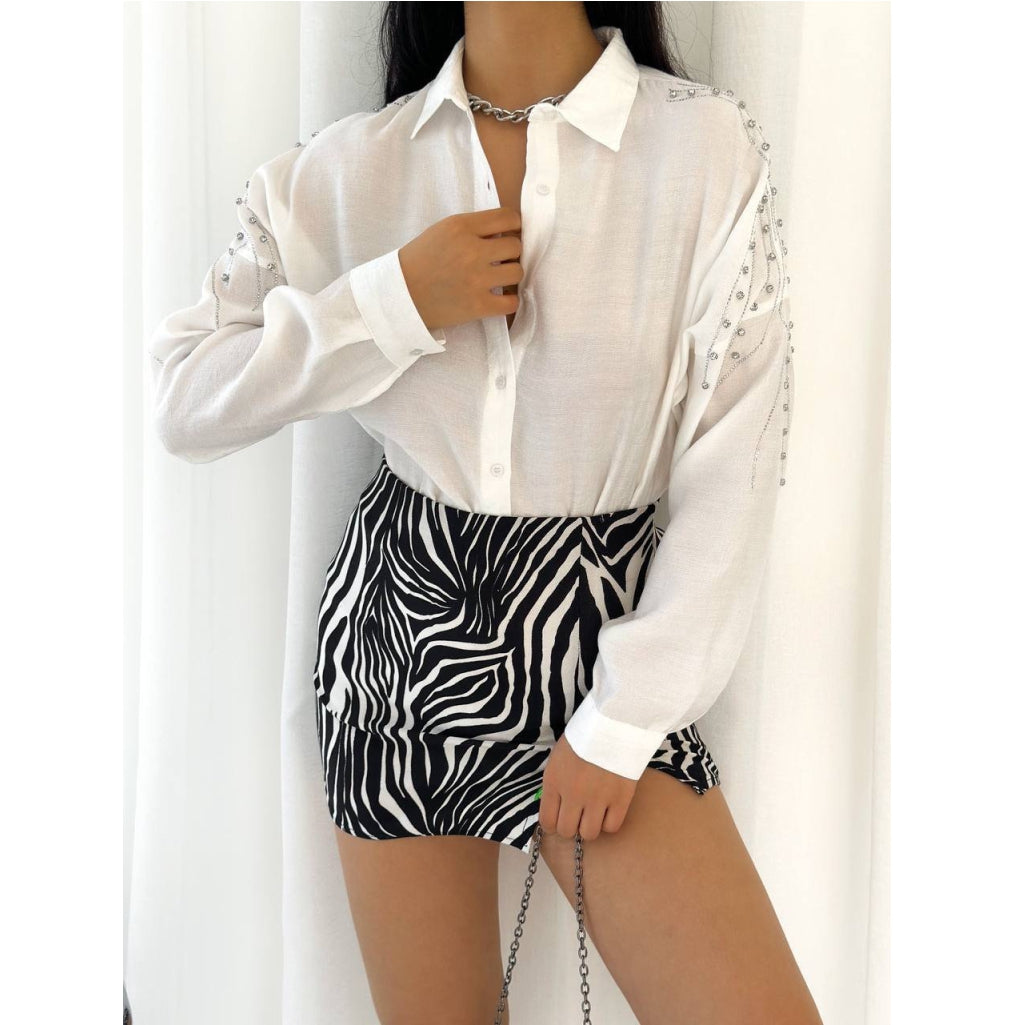White Cotton Shirt with Rhinestone Shoulder Design for Women