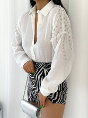 White Cotton Shirt with Rhinestone Shoulder Design for Women
