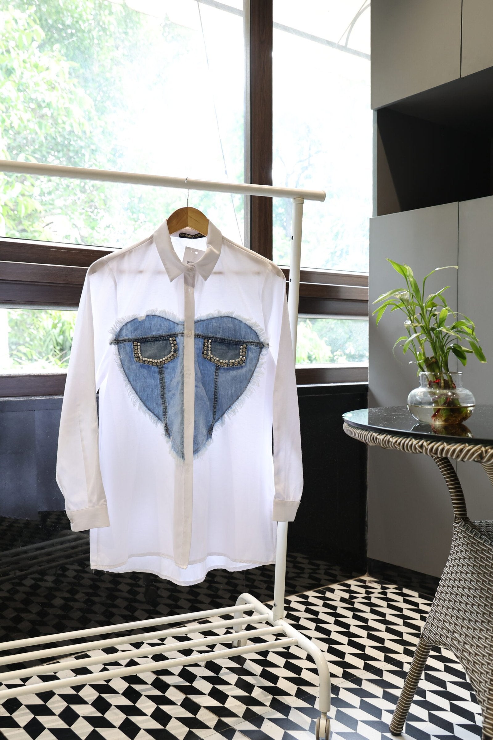 White Shirt with Denim Heart Design for Women | Casual Stylish Wear