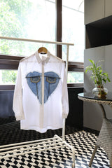 White Shirt with Denim Heart Design for Women | Casual Stylish Wear