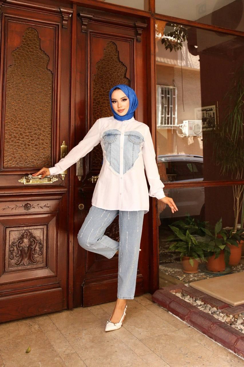 White Shirt with Denim Heart Design for Women | Casual Stylish Wear