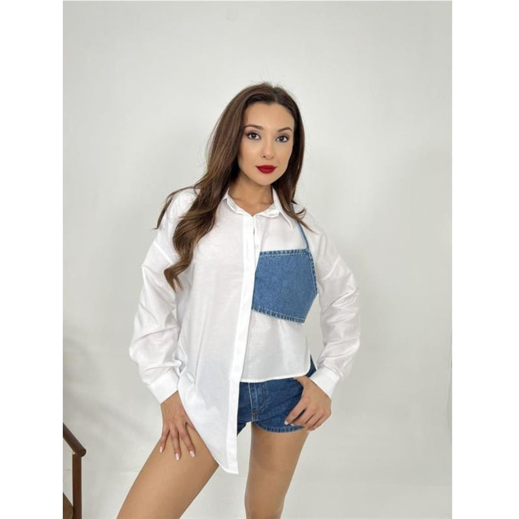 White Cotton Shirt with Denim Patch Accent for Women