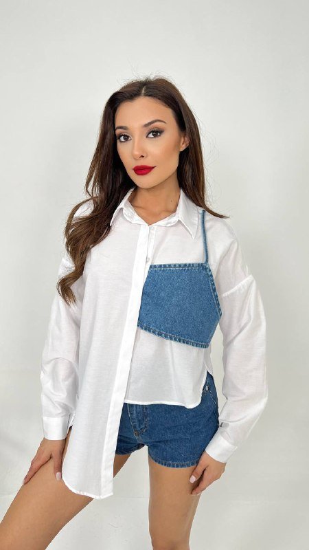 White Cotton Shirt with Denim Patch Accent for Women