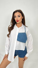 White Cotton Shirt with Denim Patch Accent for Women