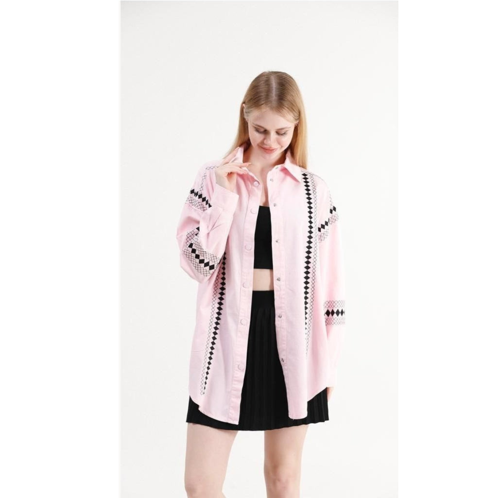 Women’s Oversized Pink Shirt with Elegant Embroidery