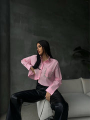Women’s Pink Cropped Shirt with Detailed Pocket Embroidery
