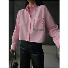 Women’s Pink Cropped Shirt with Detailed Pocket Embroidery