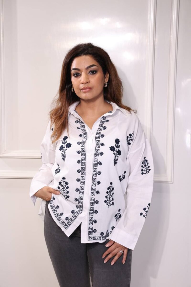 Women’s White Shirt with Black Floral Embroidery | Cotton Casual Wear
