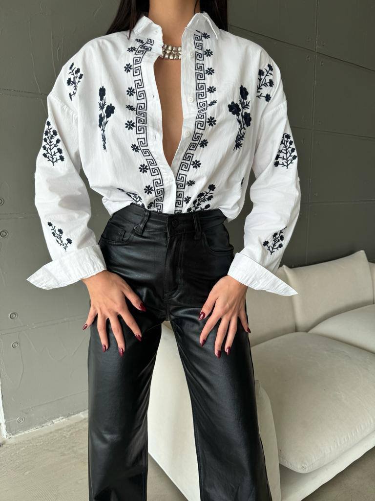 Women’s White Shirt with Black Floral Embroidery | Cotton Casual Wear