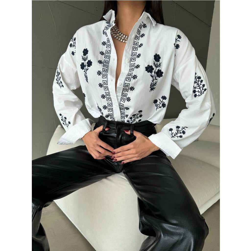 Women’s White Shirt with Black Floral Embroidery | Cotton Casual Wear