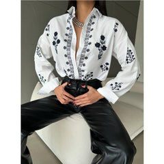 Women’s White Shirt with Black Floral Embroidery | Cotton Casual Wear