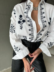 Women’s White Shirt with Black Floral Embroidery | Cotton Casual Wear