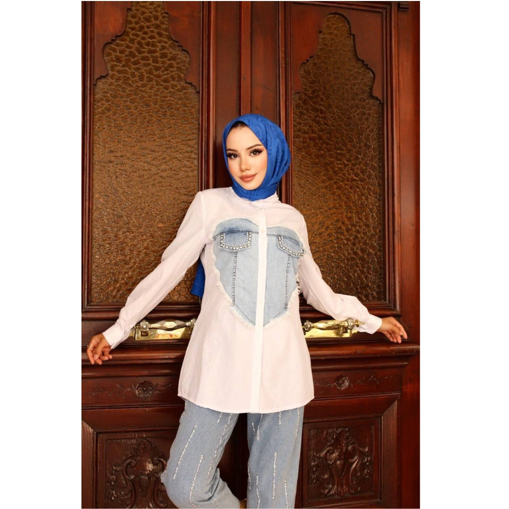 White Shirt with Denim Heart Design for Women | Casual Stylish Wear