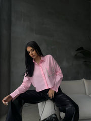 Women’s Pink Cropped Shirt with Detailed Pocket Embroidery