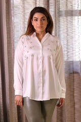 Women’s  White Satin Embellishment  Shirt – Stylish & Comfortable Casual Wear